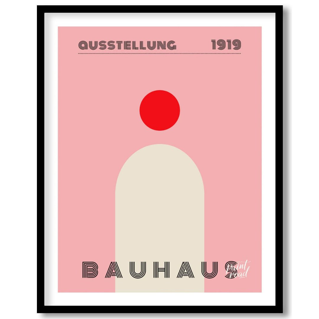 This minimalist Bauhaus poster features a bold red circle positioned above a large, light beige arc… for place