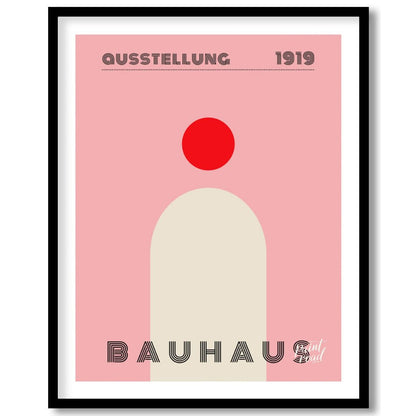 This minimalist Bauhaus poster features a bold red circle positioned above a large, light beige arc… for place