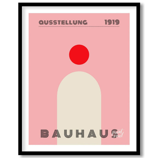 This minimalist Bauhaus poster features a bold red circle positioned above a large, light beige arc… for place