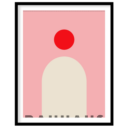 This minimalist Bauhaus poster features a bold red circle positioned above a large, light beige arc… for place