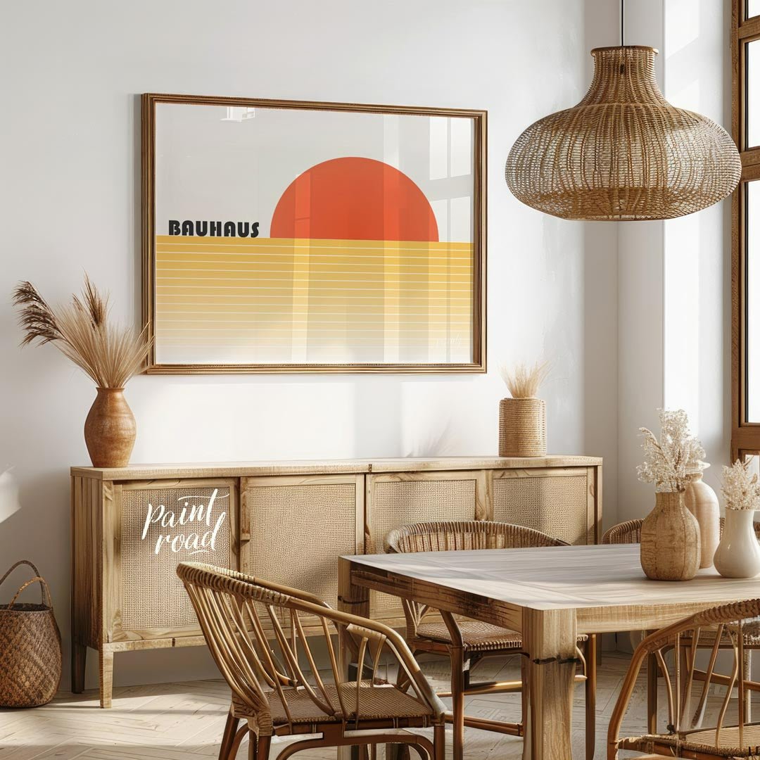 This captivating Bauhaus-inspired poster features a bold, orange-red semi-circle representing a set… for dining room