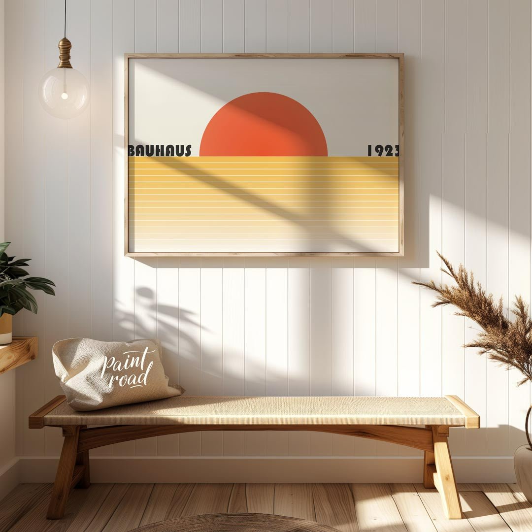 This captivating Bauhaus-inspired poster features a bold, orange-red semi-circle representing a set… for entryway