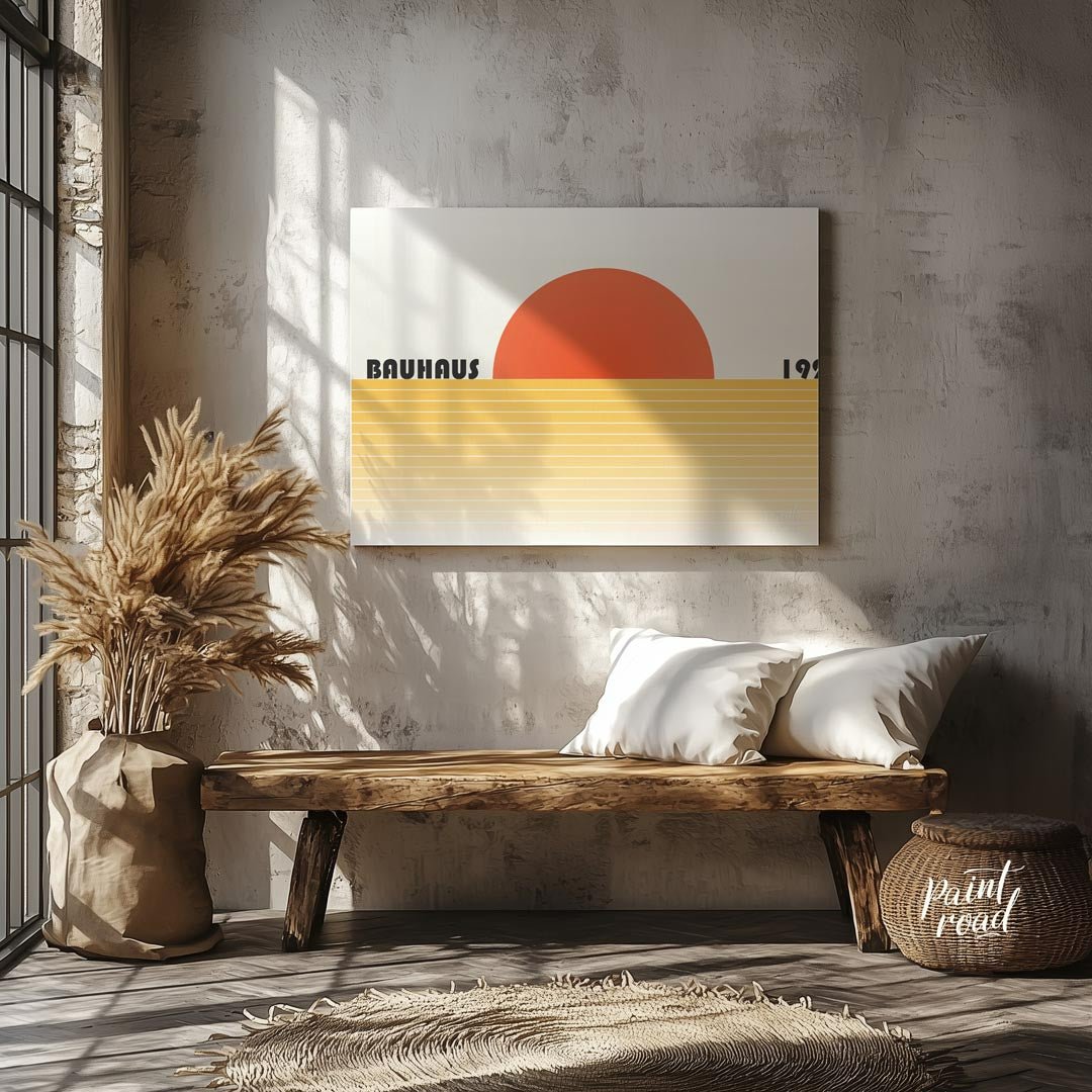 This captivating Bauhaus-inspired poster features a bold, orange-red semi-circle representing a set… for entryway