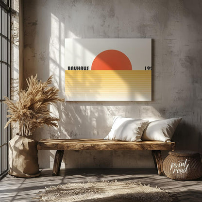 This captivating Bauhaus-inspired poster features a bold, orange-red semi-circle representing a set… for entryway