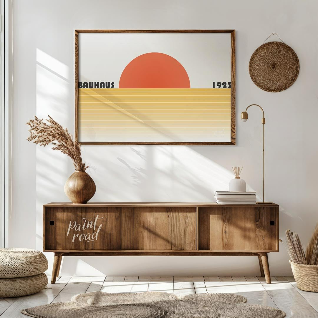 This captivating Bauhaus-inspired poster features a bold, orange-red semi-circle representing a set… for living room