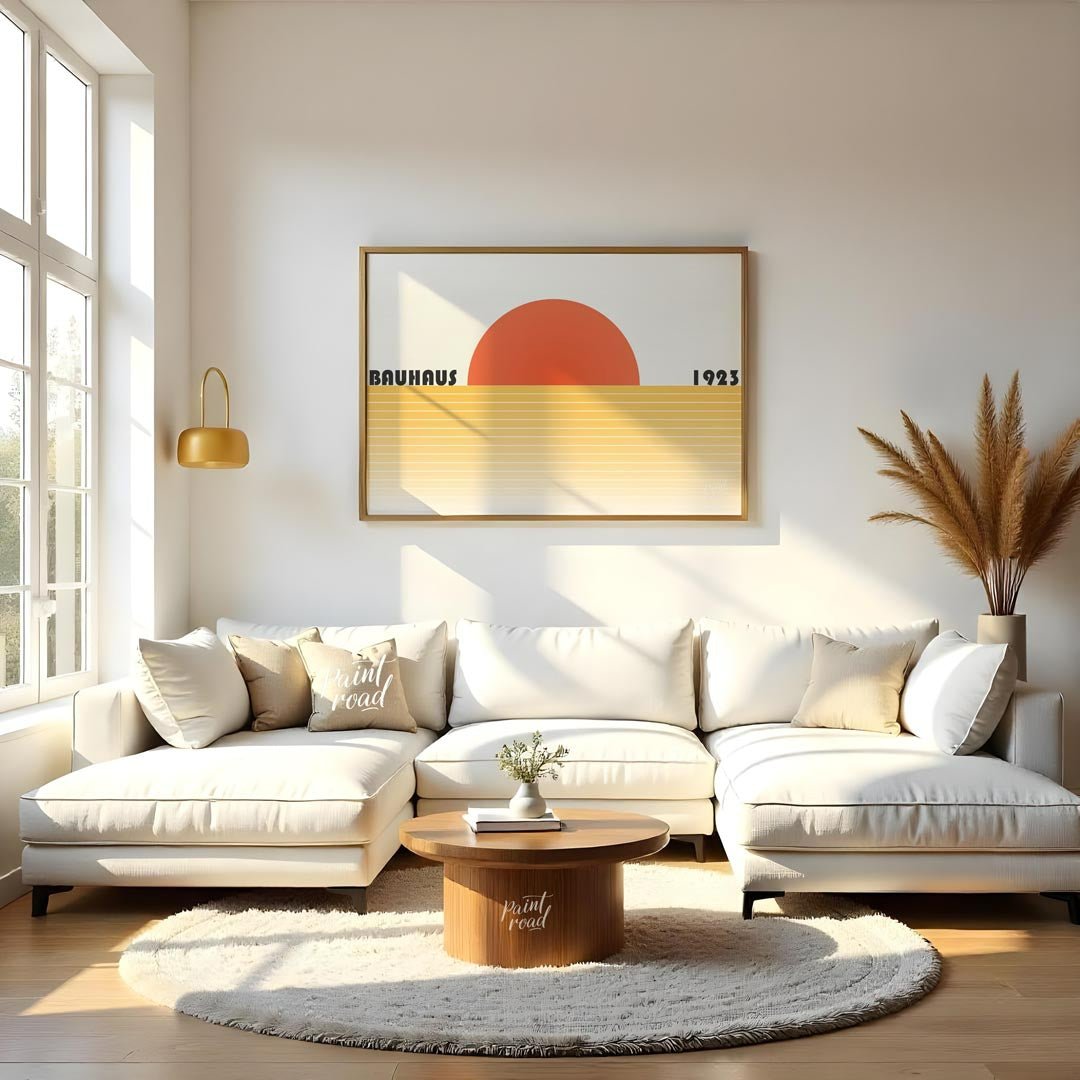This captivating Bauhaus-inspired poster features a bold, orange-red semi-circle representing a set… for living room