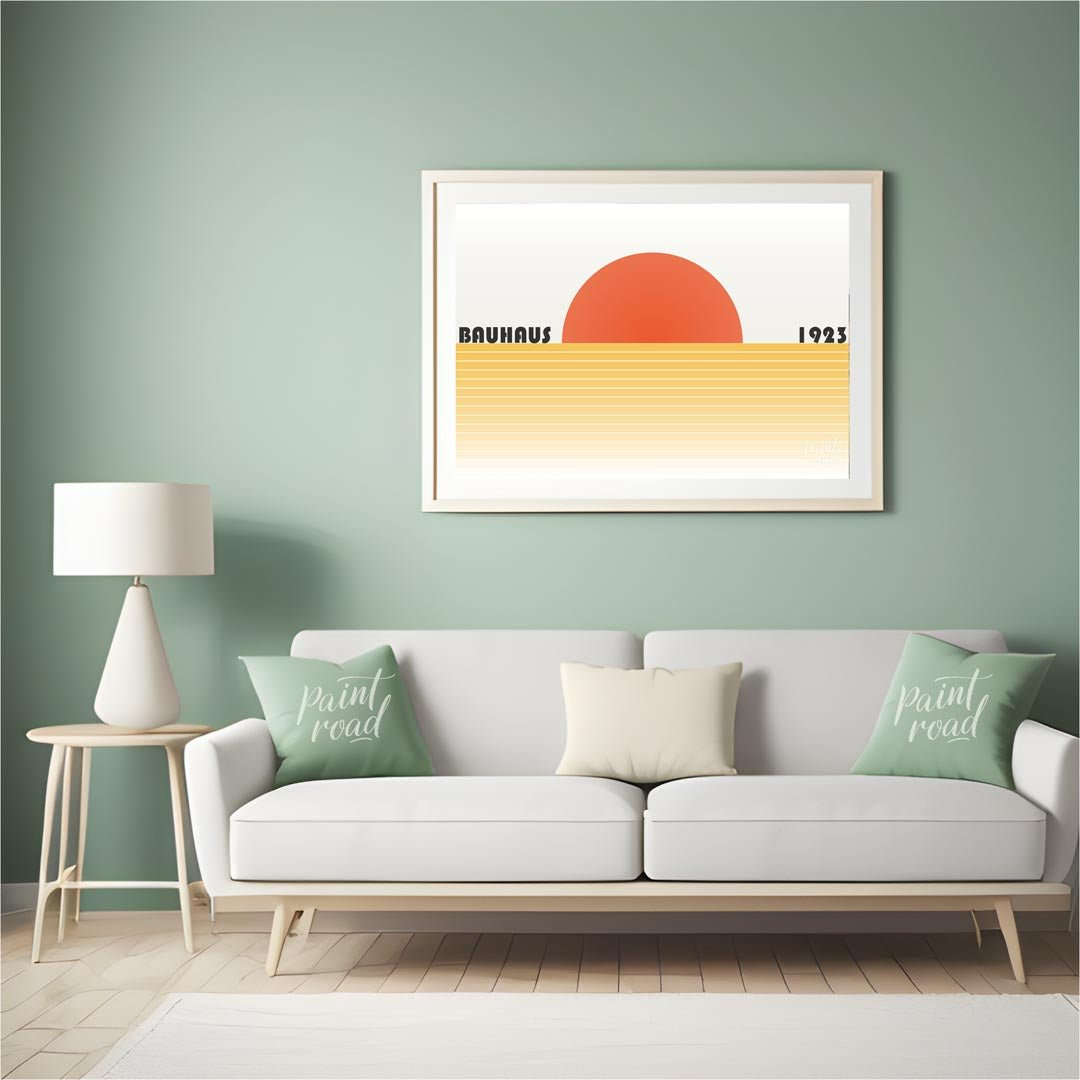 This captivating Bauhaus-inspired poster features a bold, orange-red semi-circle representing a set… for living room