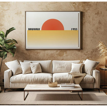This captivating Bauhaus-inspired poster features a bold, orange-red semi-circle representing a set… for living room