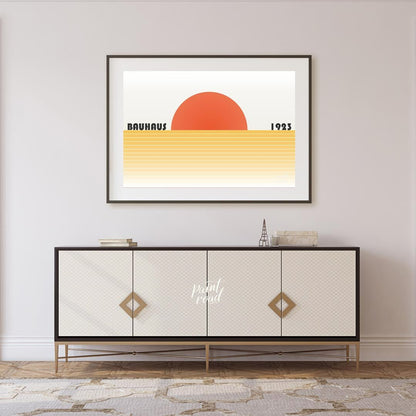 This captivating Bauhaus-inspired poster features a bold, orange-red semi-circle representing a set… for living room