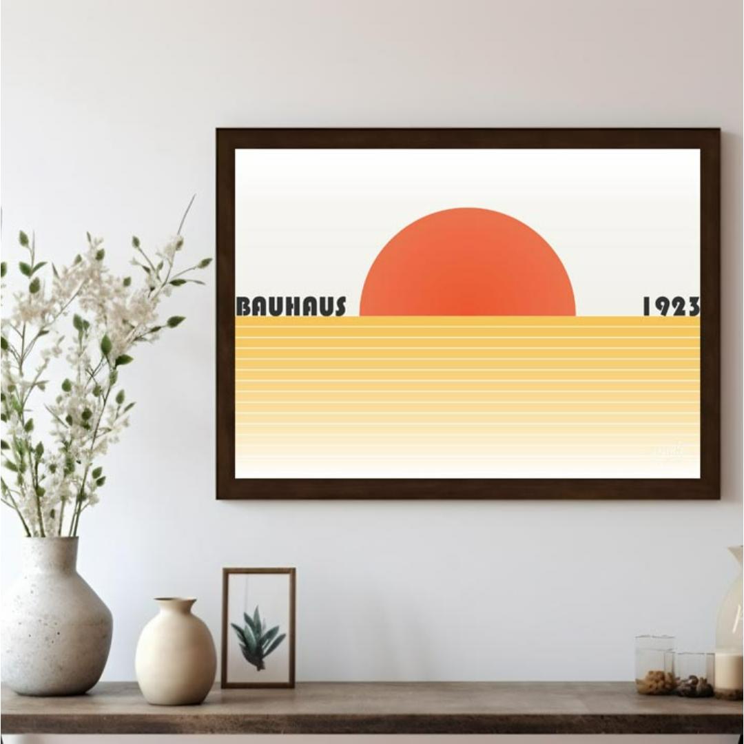 This captivating Bauhaus-inspired poster features a bold, orange-red semi-circle representing a set… for living room
