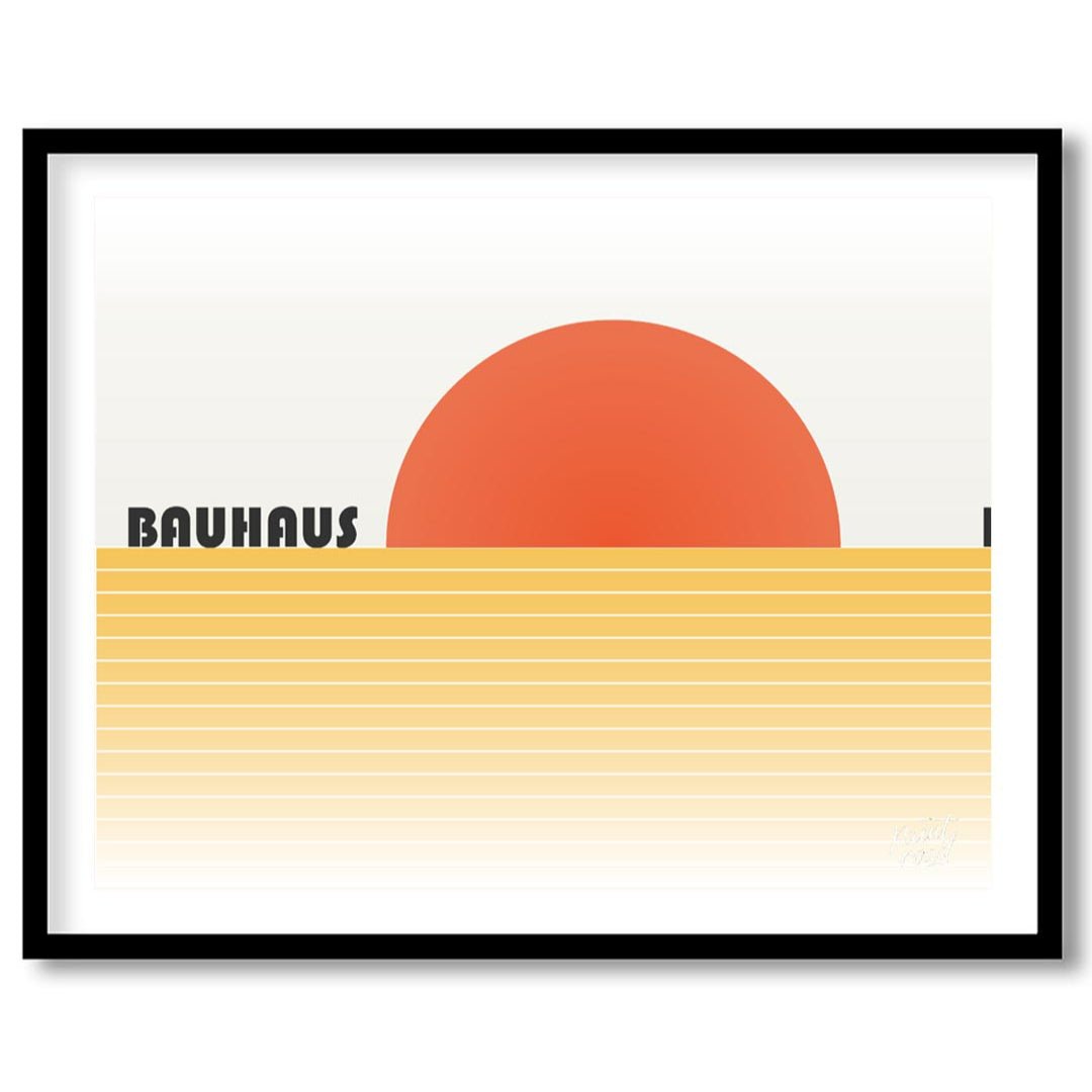 This captivating Bauhaus-inspired poster features a bold, orange-red semi-circle representing a set… for place