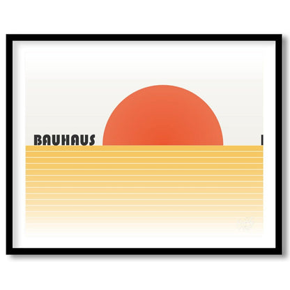 This captivating Bauhaus-inspired poster features a bold, orange-red semi-circle representing a set… for place