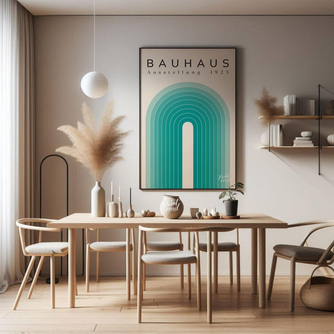 This minimalist poster embodies the clean lines and geometric simplicity of the Bauhaus movement. I… for dining room