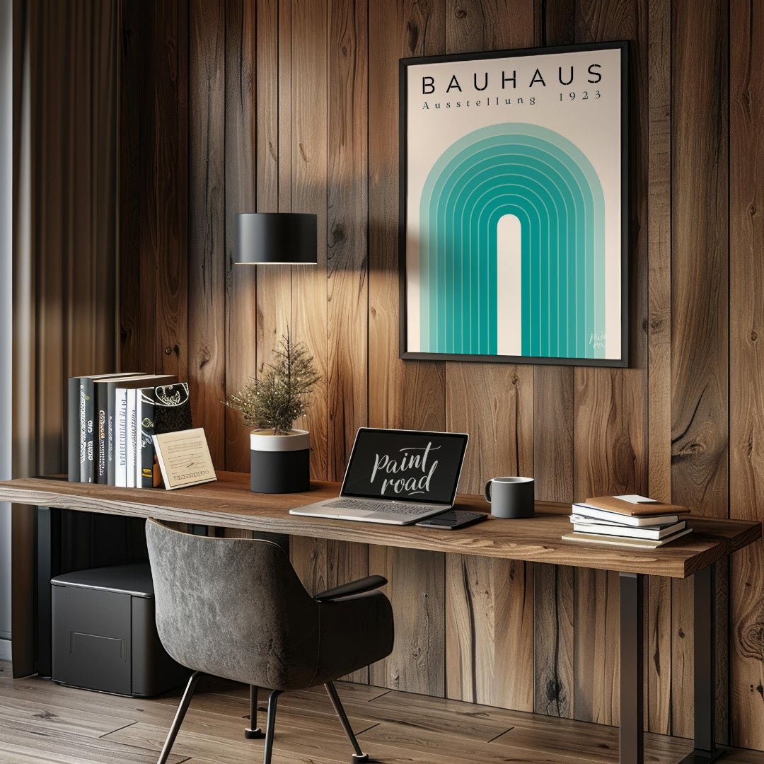 This minimalist poster embodies the clean lines and geometric simplicity of the Bauhaus movement. I… for office