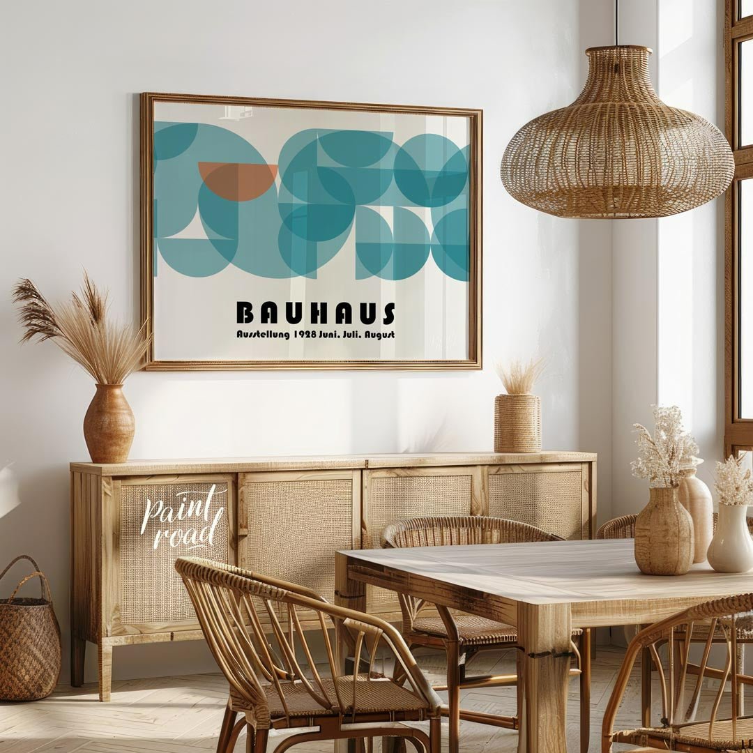 This captivating Bauhaus-inspired poster features a harmonious composition dominated by overlapping… for dining room