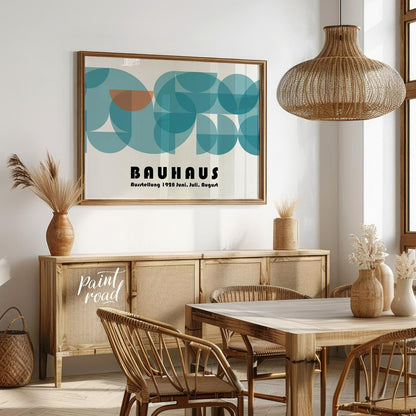 This captivating Bauhaus-inspired poster features a harmonious composition dominated by overlapping… for dining room