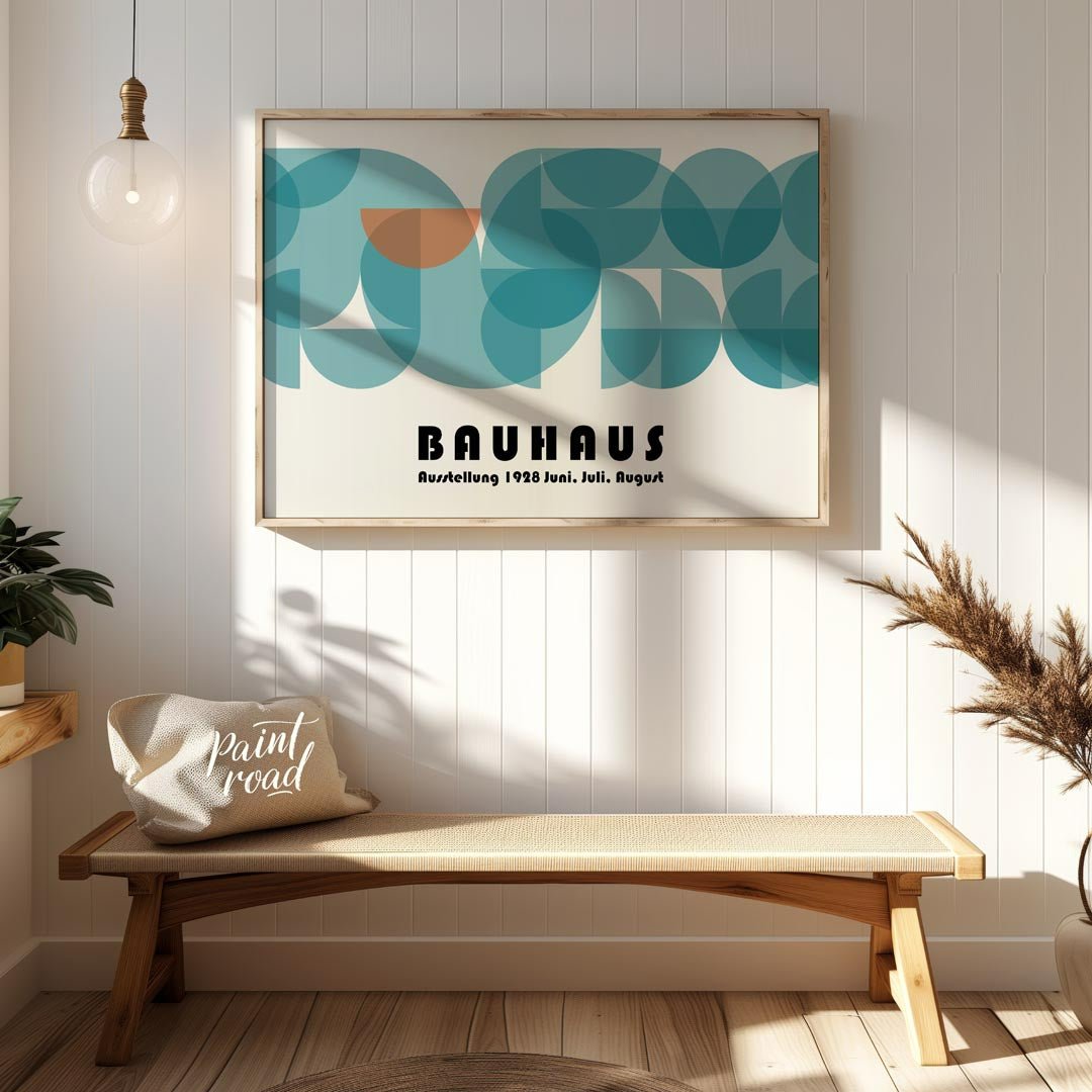 This captivating Bauhaus-inspired poster features a harmonious composition dominated by overlapping… for entryway