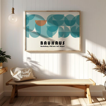 This captivating Bauhaus-inspired poster features a harmonious composition dominated by overlapping… for entryway