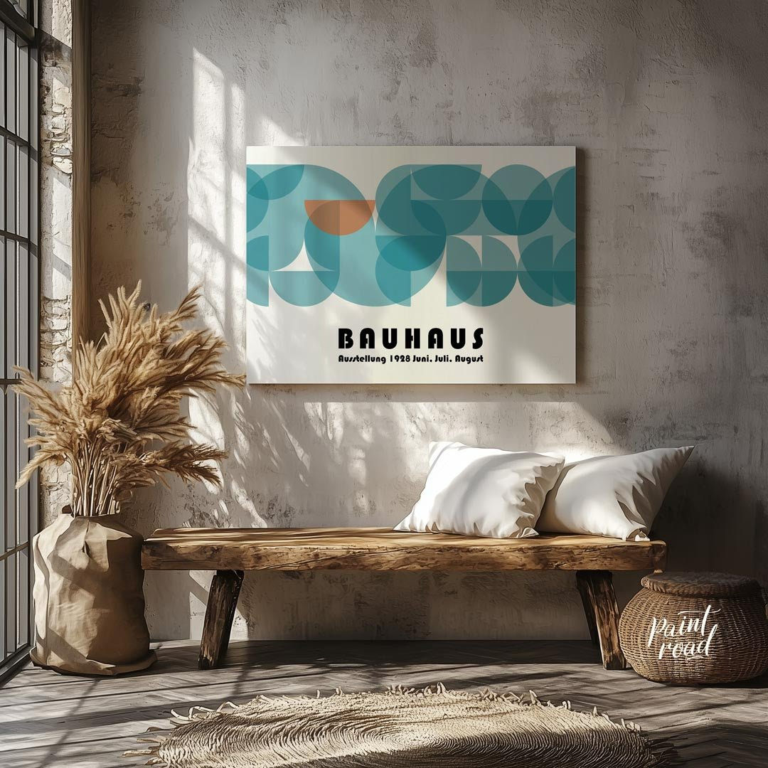 This captivating Bauhaus-inspired poster features a harmonious composition dominated by overlapping… for entryway