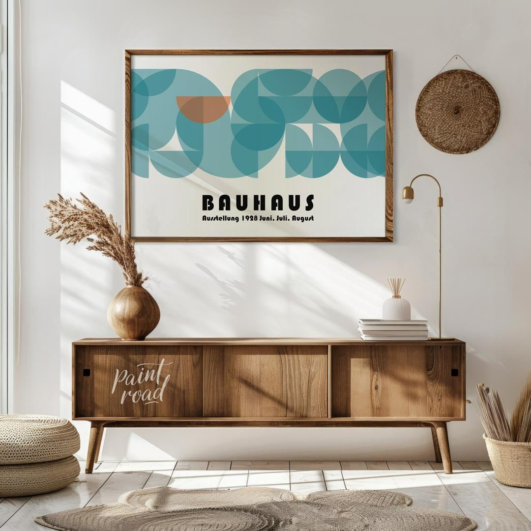This captivating Bauhaus-inspired poster features a harmonious composition dominated by overlapping… for living room
