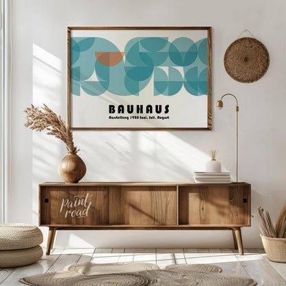 This captivating Bauhaus-inspired poster features a harmonious composition dominated by overlapping… for living room