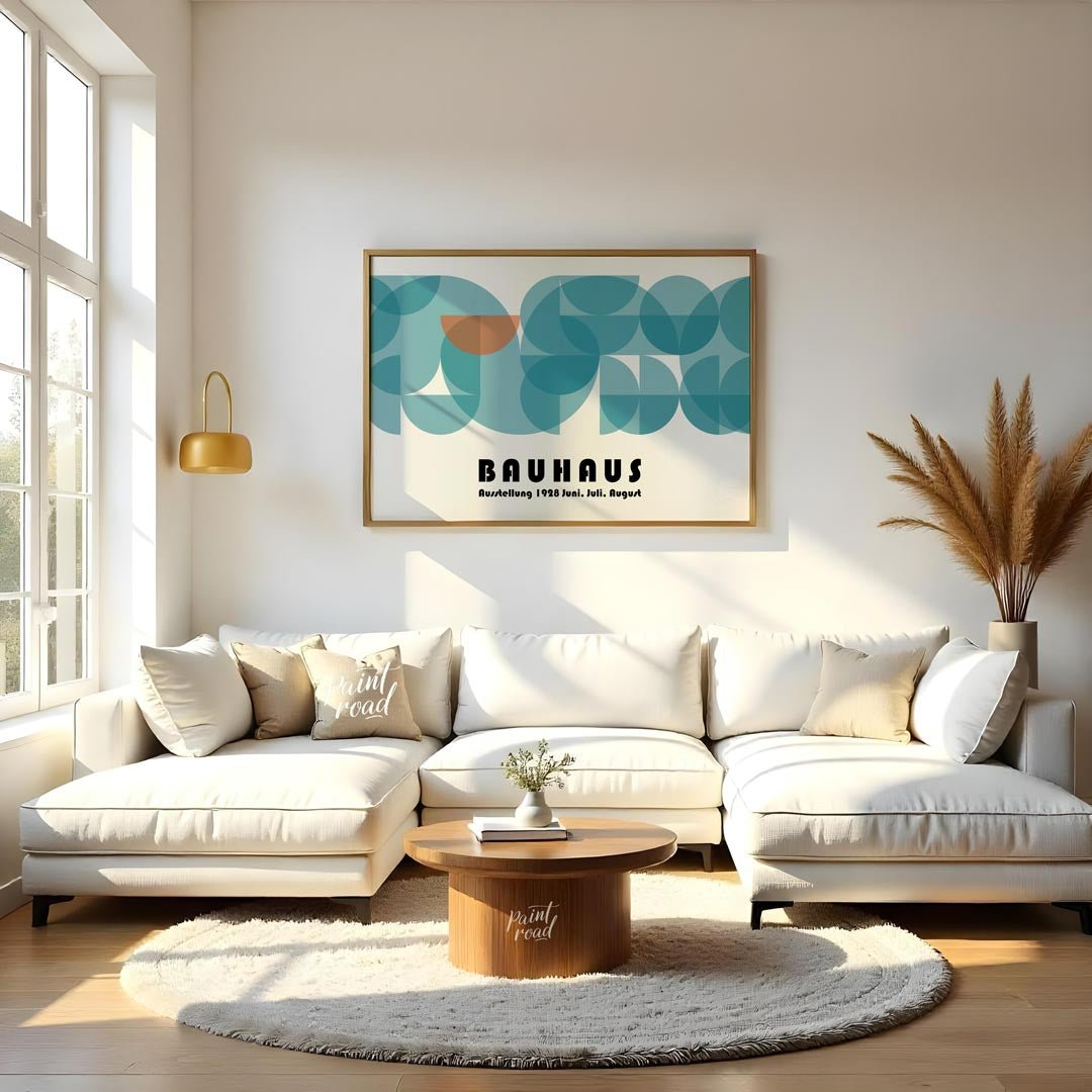 This captivating Bauhaus-inspired poster features a harmonious composition dominated by overlapping… for living room