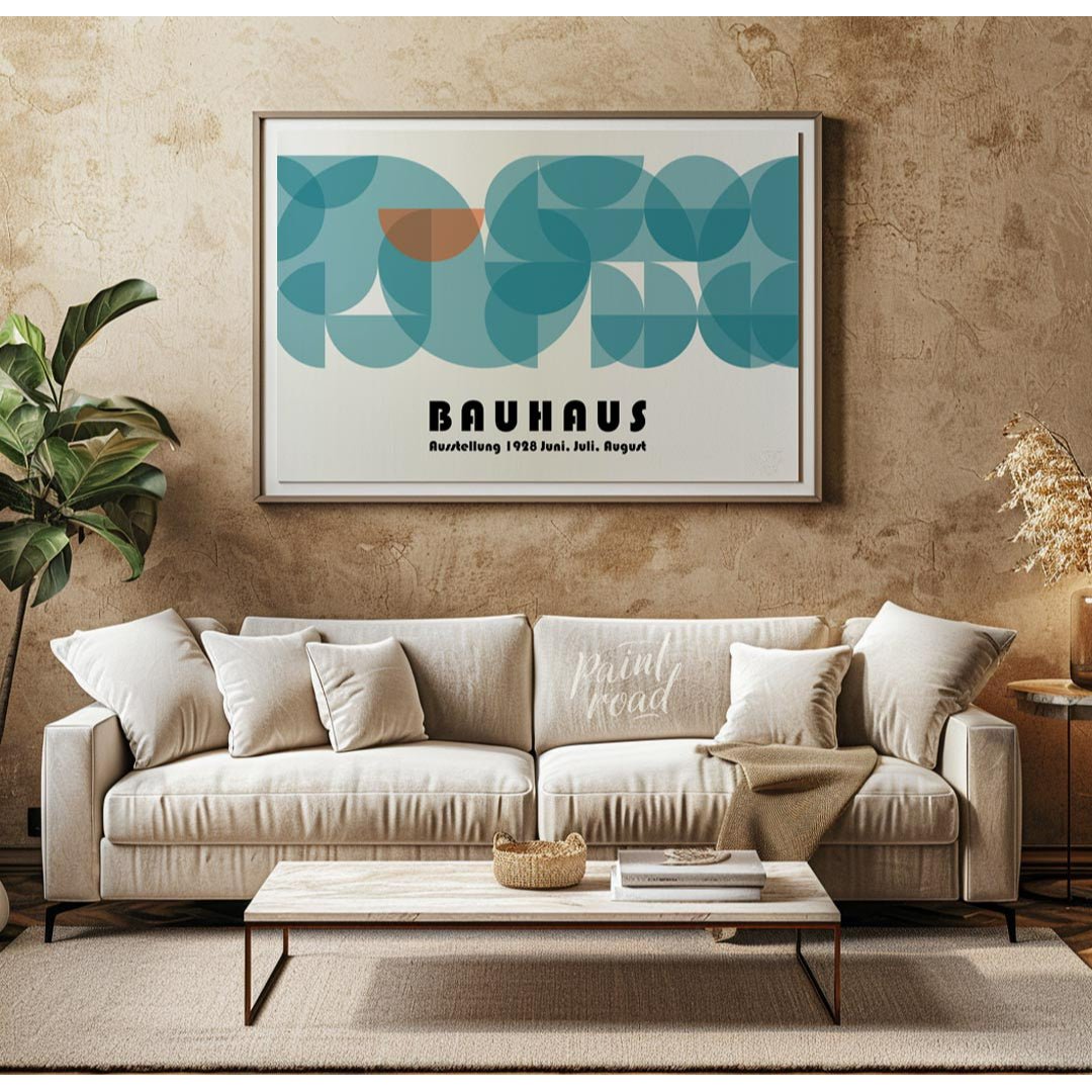 This captivating Bauhaus-inspired poster features a harmonious composition dominated by overlapping… for living room