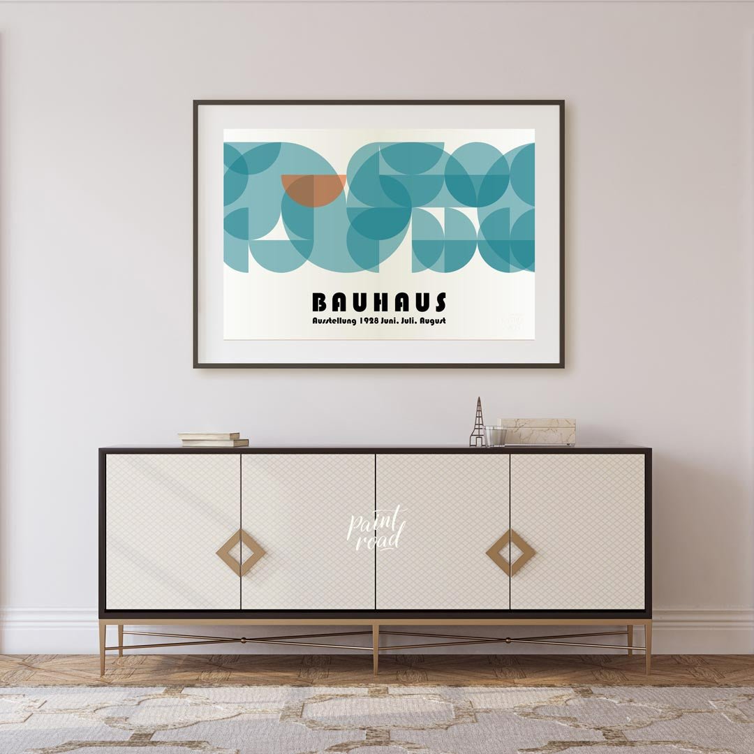 This captivating Bauhaus-inspired poster features a harmonious composition dominated by overlapping… for living room