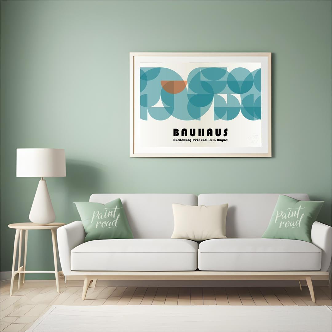 Bauhaus Teal Circle Overlay Painting available online at Paintroad showing 1928 art print and bathroom