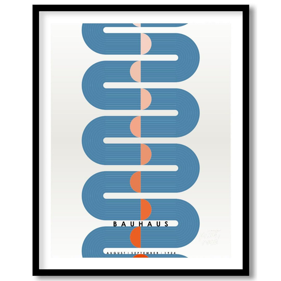 This dynamic Bauhaus-inspired poster presents a striking vertical composition dominated by a sinuou… for area