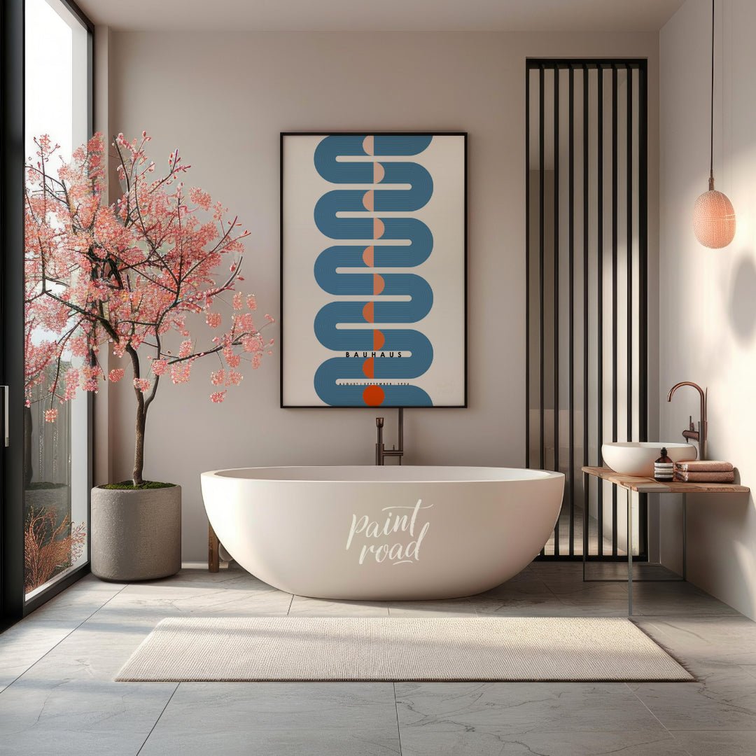 This dynamic Bauhaus-inspired poster presents a striking vertical composition dominated by a sinuou… for bathroom