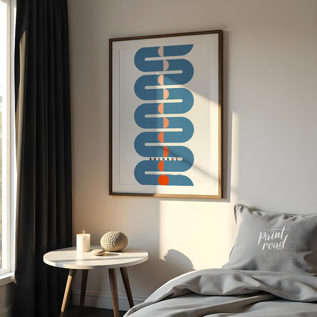 This dynamic Bauhaus-inspired poster presents a striking vertical composition dominated by a sinuou… for bedroom