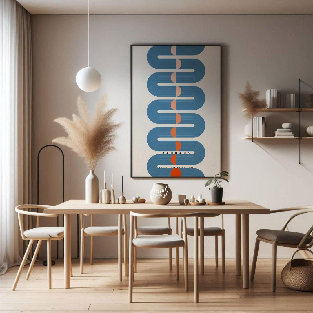 This dynamic Bauhaus-inspired poster presents a striking vertical composition dominated by a sinuou… for dining room