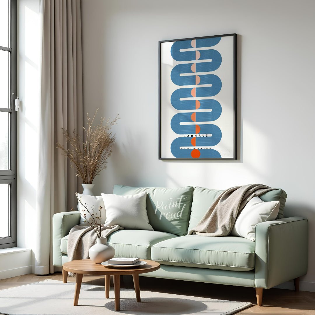This dynamic Bauhaus-inspired poster presents a striking vertical composition dominated by a sinuou… for living room