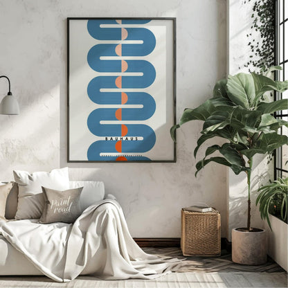 This dynamic Bauhaus-inspired poster presents a striking vertical composition dominated by a sinuou… for living room