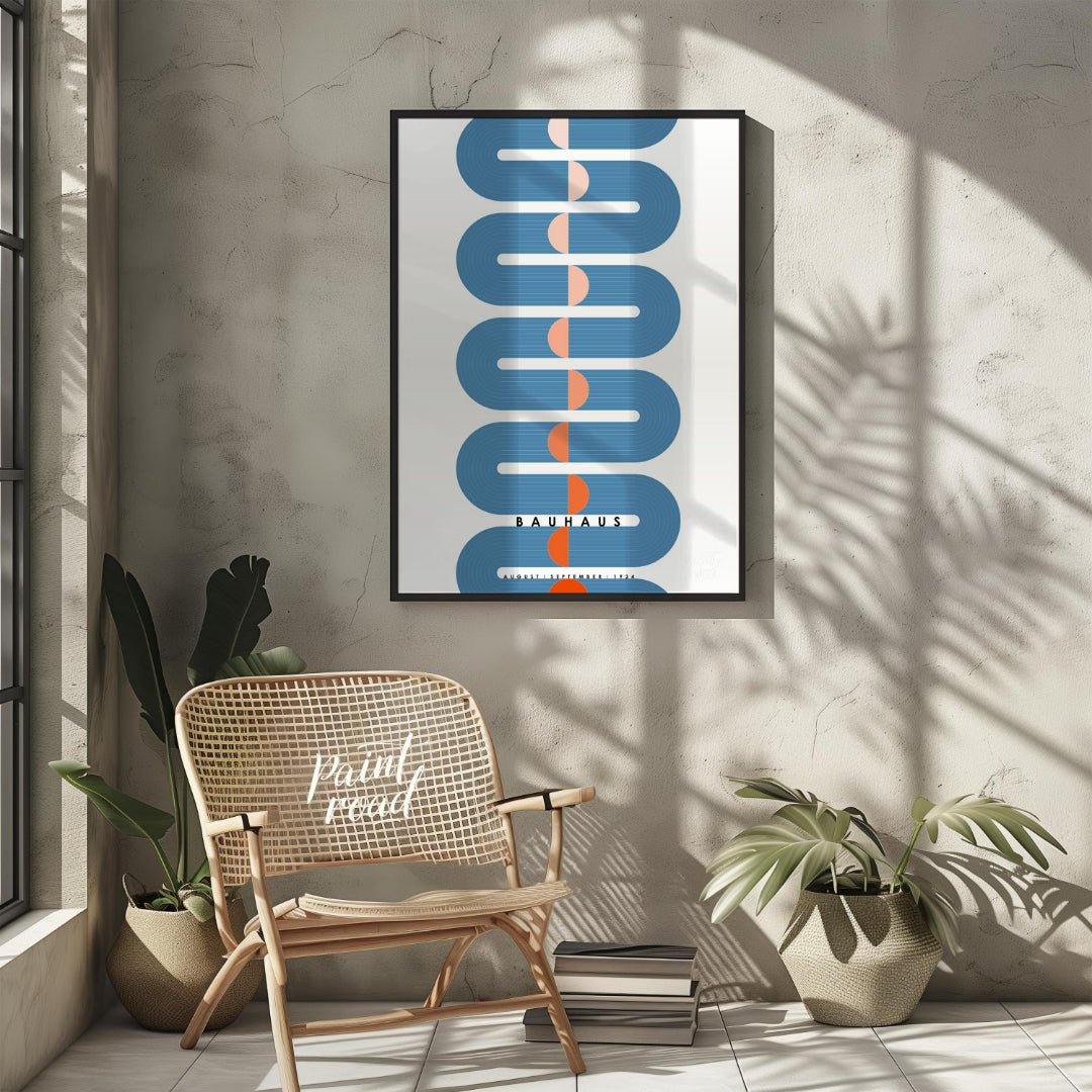 This dynamic Bauhaus-inspired poster presents a striking vertical composition dominated by a sinuou… for living room