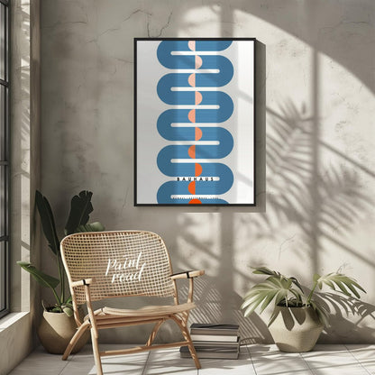 This dynamic Bauhaus-inspired poster presents a striking vertical composition dominated by a sinuou… for living room
