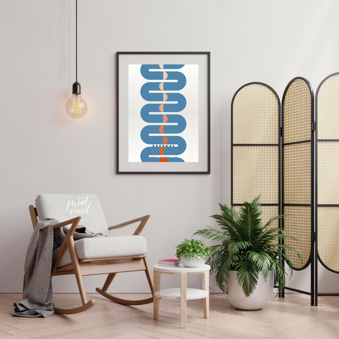This dynamic Bauhaus-inspired poster presents a striking vertical composition dominated by a sinuou… for living room