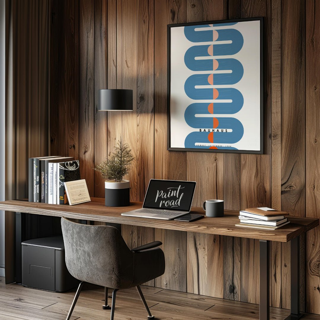 This dynamic Bauhaus-inspired poster presents a striking vertical composition dominated by a sinuou… for office