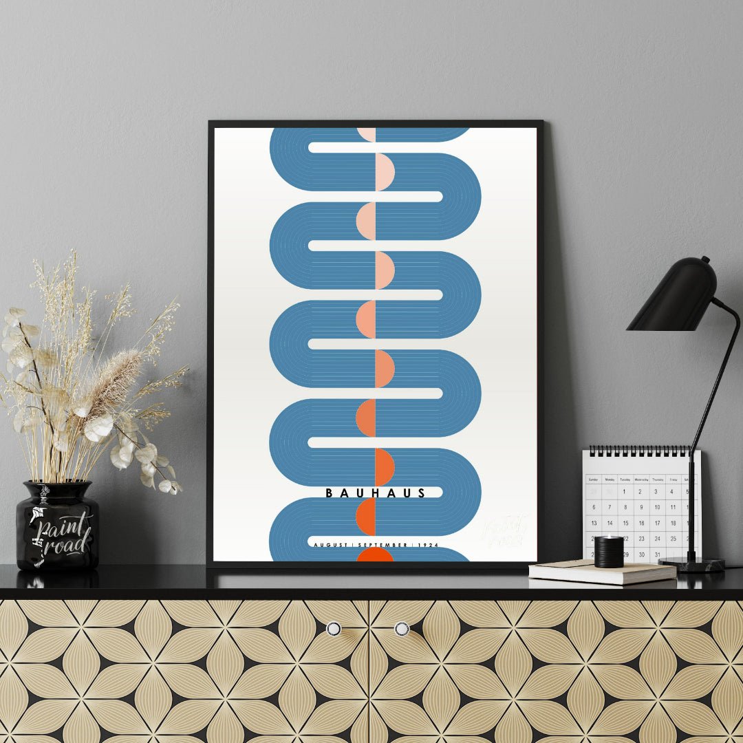 This dynamic Bauhaus-inspired poster presents a striking vertical composition dominated by a sinuou… for office