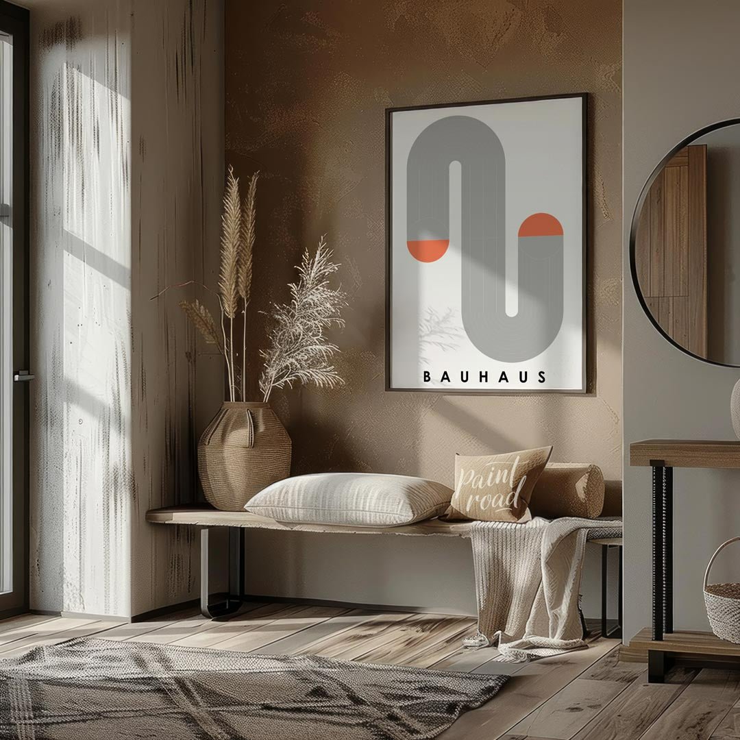 This minimalist Bauhaus-inspired print features a winding serpentine form composed of segmented gre… for entryway