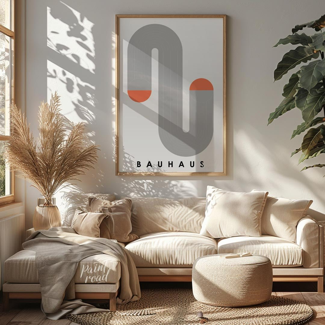This minimalist Bauhaus-inspired print features a winding serpentine form composed of segmented gre… for living room