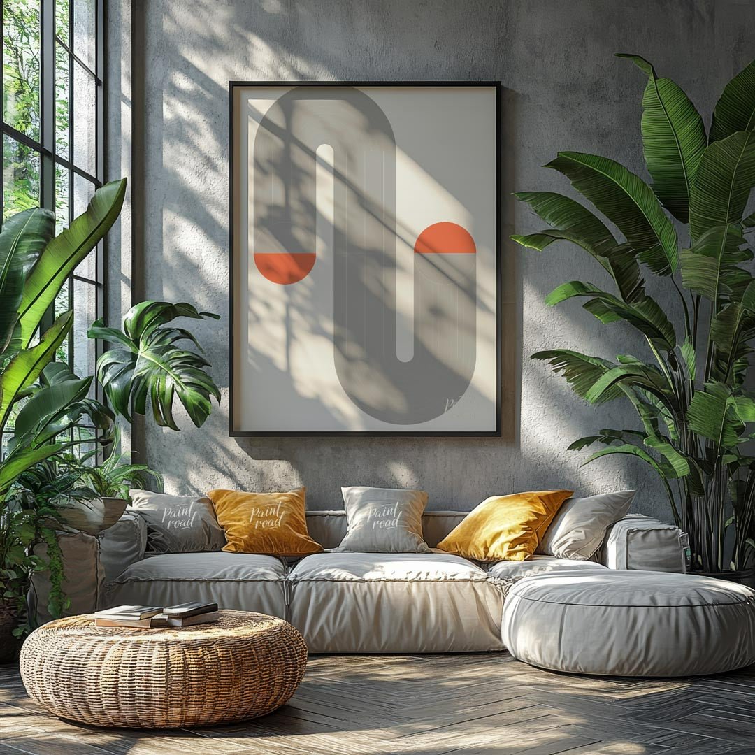 This minimalist Bauhaus-inspired print features a winding serpentine form composed of segmented gre… for living room