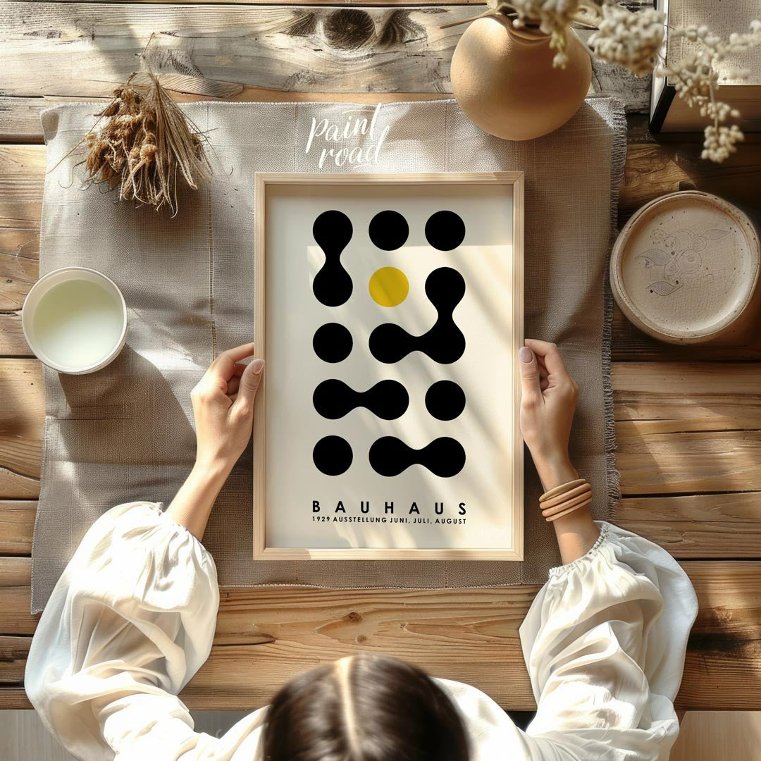 This Bauhaus-inspired poster showcases a playful yet structured arrangement of black organic, conne… for other