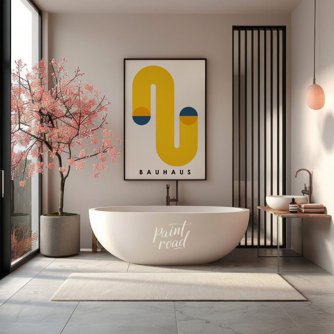 This Bauhaus poster features a bold and dynamic abstract composition dominated by a large, flowing … for bathroom