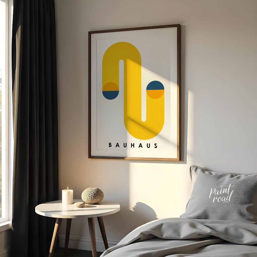 This Bauhaus poster features a bold and dynamic abstract composition dominated by a large, flowing … for bedroom