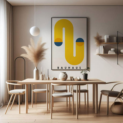 This Bauhaus poster features a bold and dynamic abstract composition dominated by a large, flowing … for dining room
