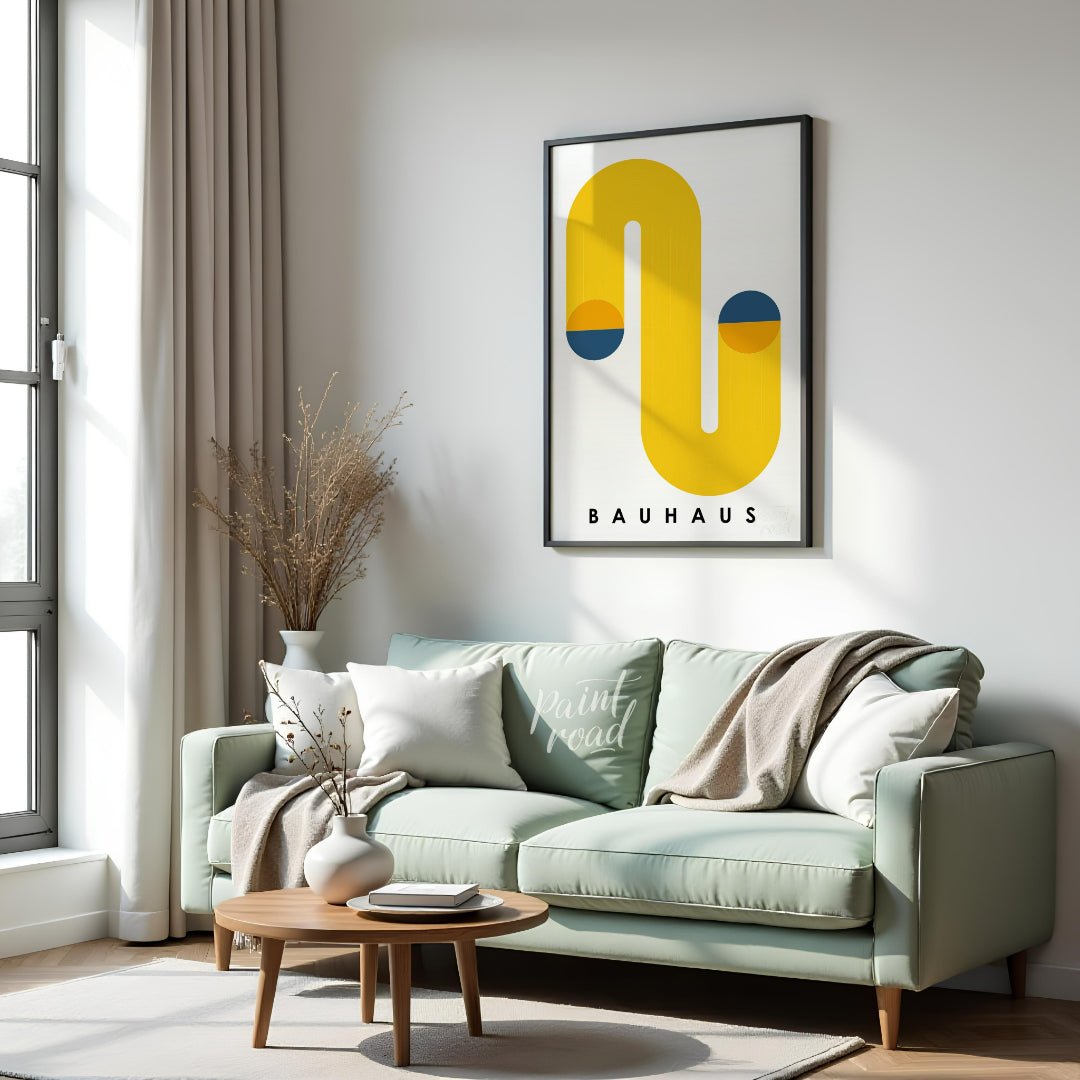 This Bauhaus poster features a bold and dynamic abstract composition dominated by a large, flowing … for living room