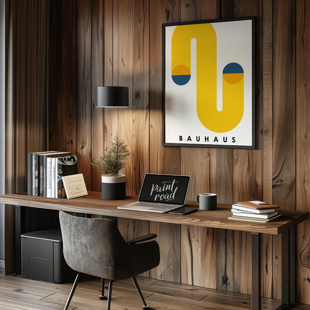 This Bauhaus poster features a bold and dynamic abstract composition dominated by a large, flowing … for office