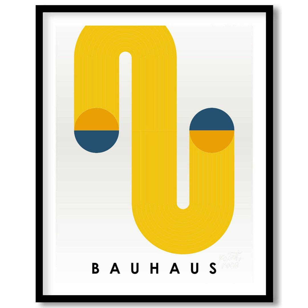 This Bauhaus poster features a bold and dynamic abstract composition dominated by a large, flowing … for space